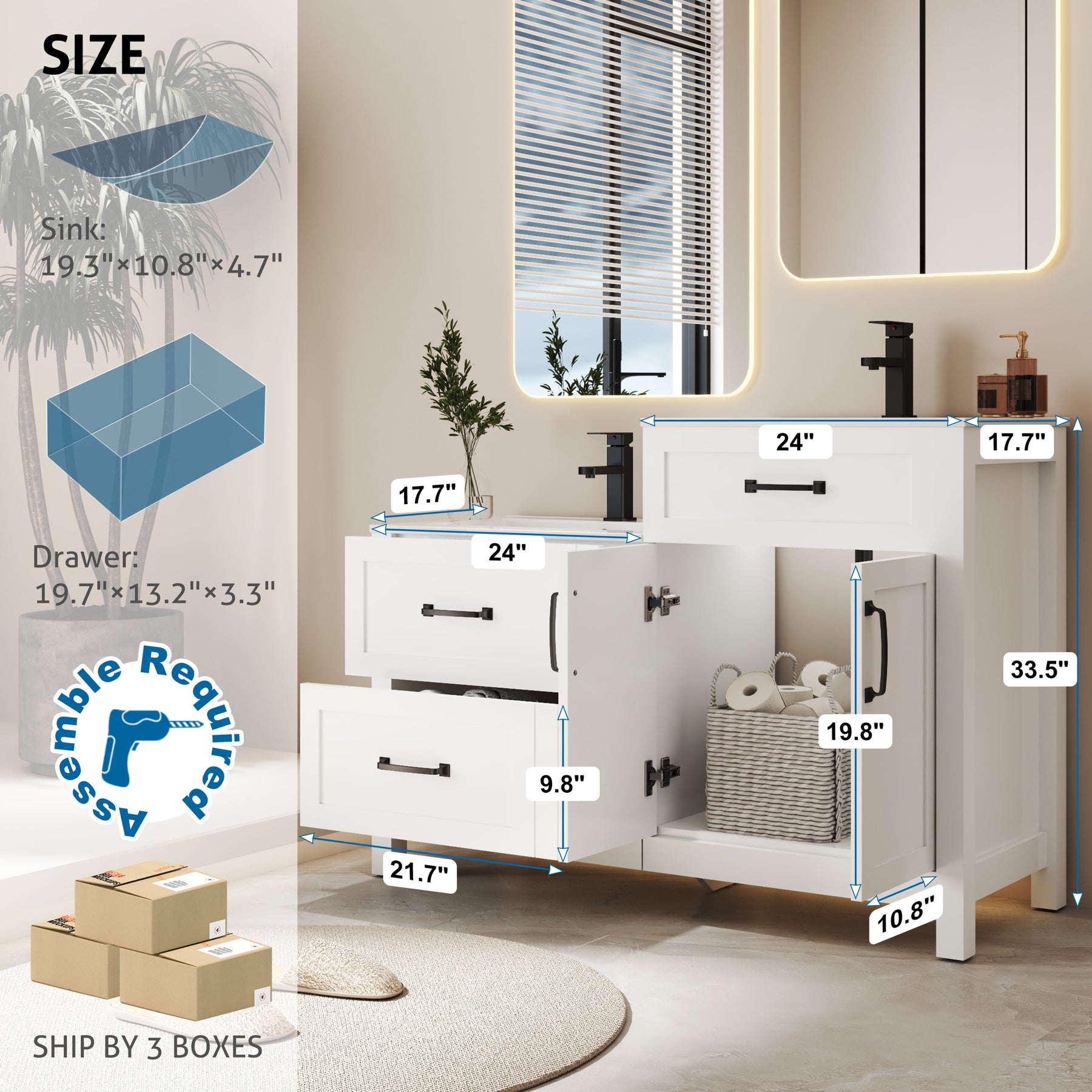 Modern 48" Freestanding Bathroom Vanity Combo with Double Undermount Sinks,Different Heights