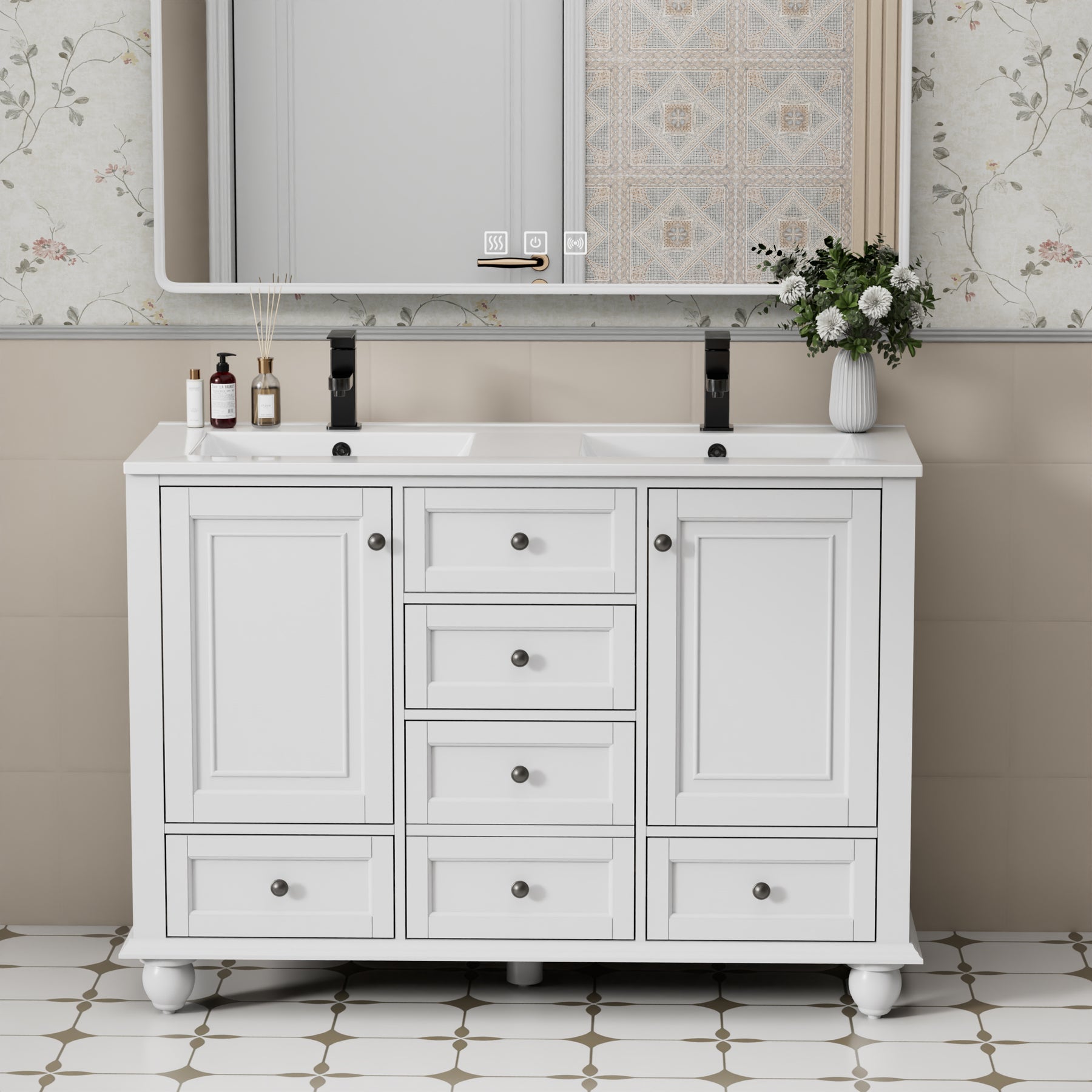 Retro 48" Freestanding Bathroom Vanity Combo with Double Undermount Sinks, French Style