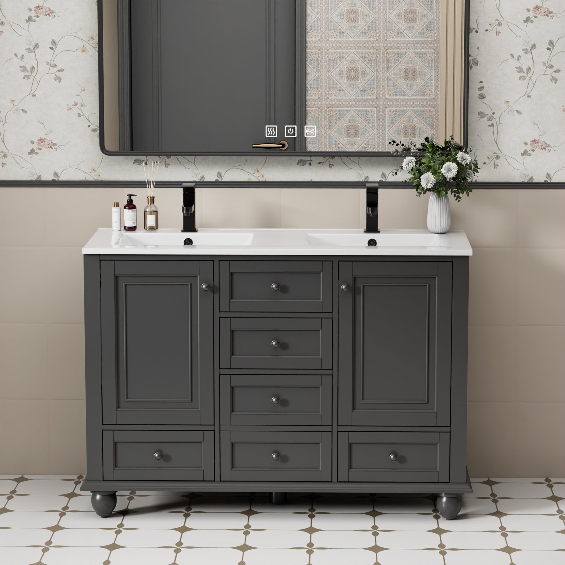 Retro 48" Freestanding Bathroom Vanity Combo with Double Undermount Sinks, French Style