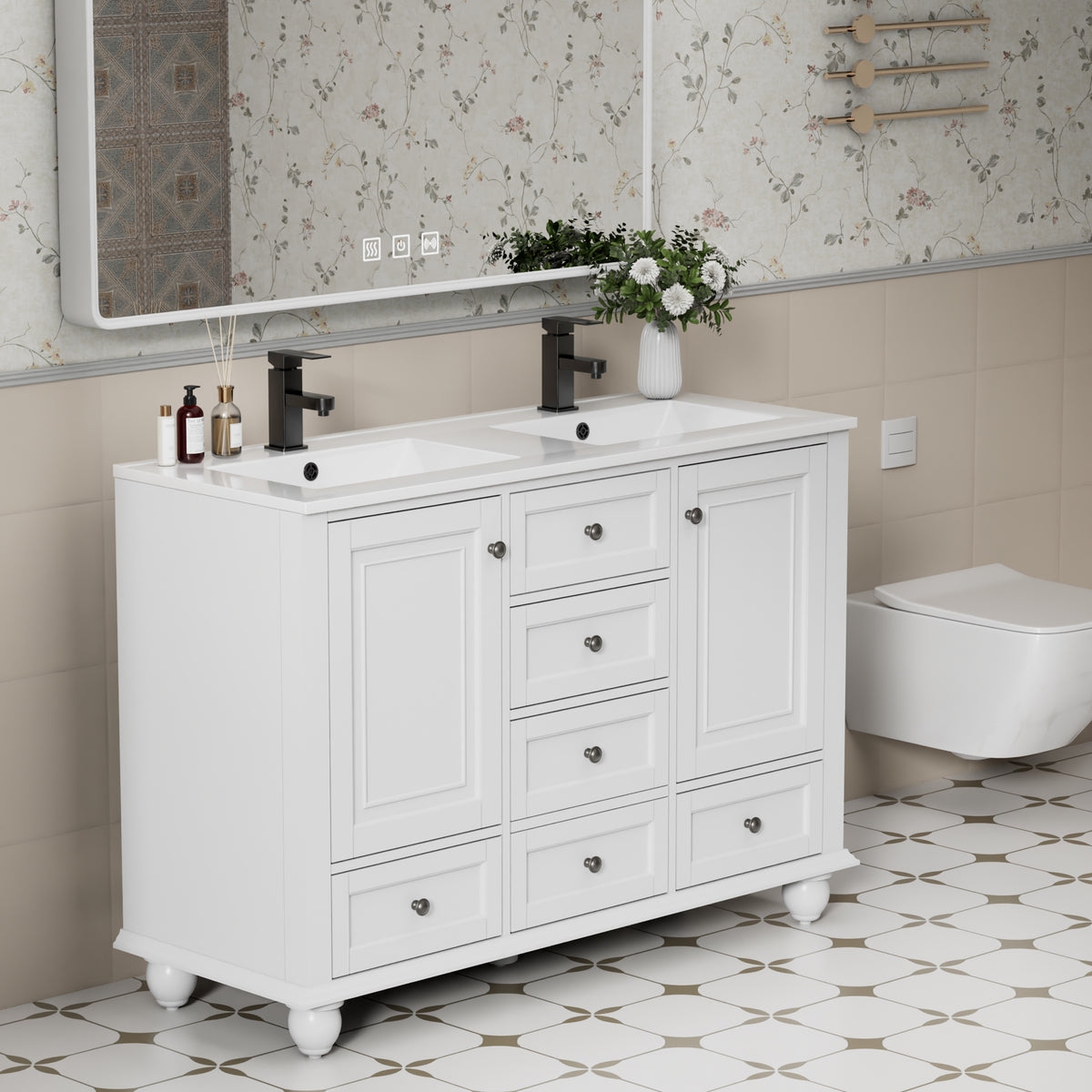 Retro 48" Freestanding Bathroom Vanity Combo with Double Undermount Sinks, French Style