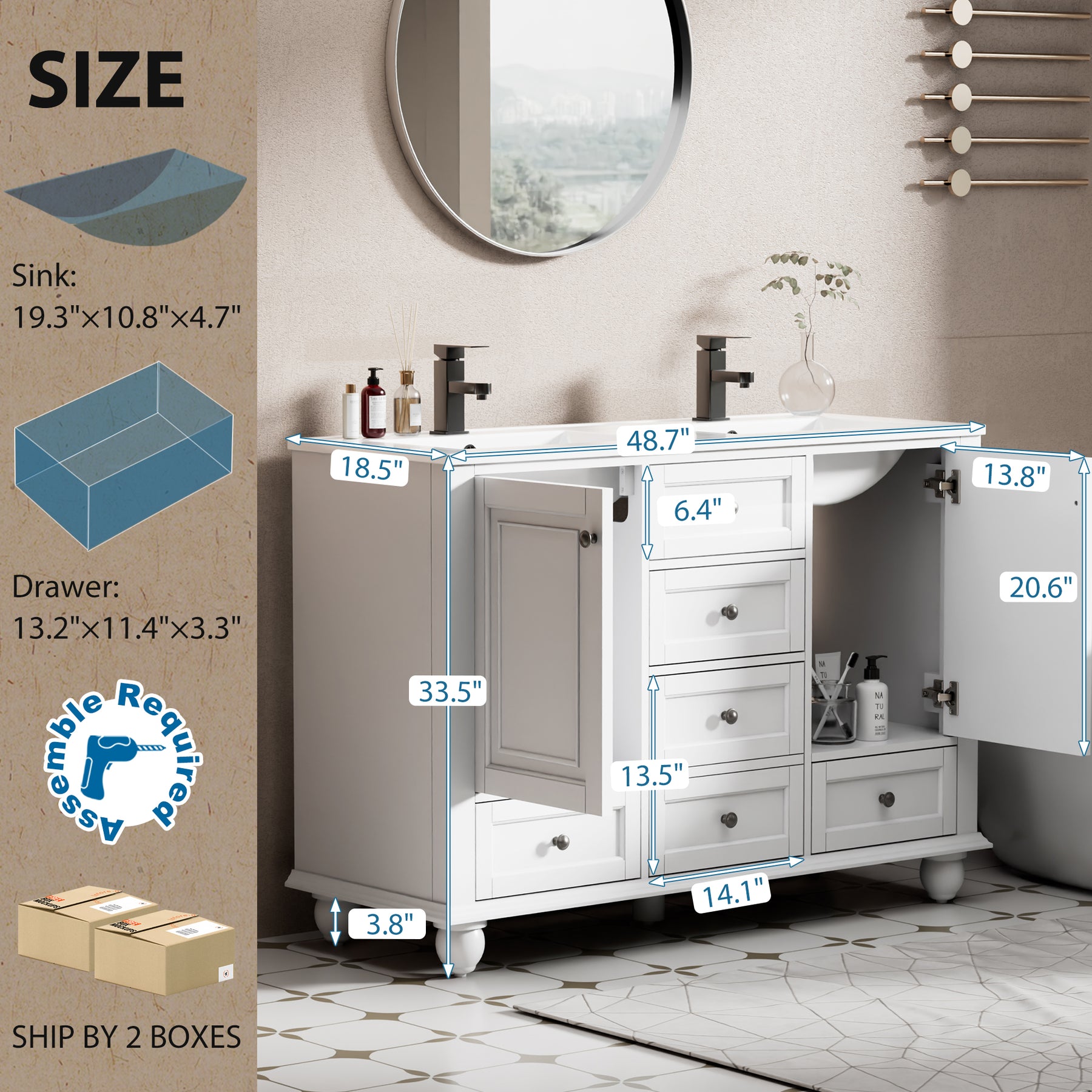 Retro 48" Freestanding Bathroom Vanity Combo with Double Undermount Sinks, French Style