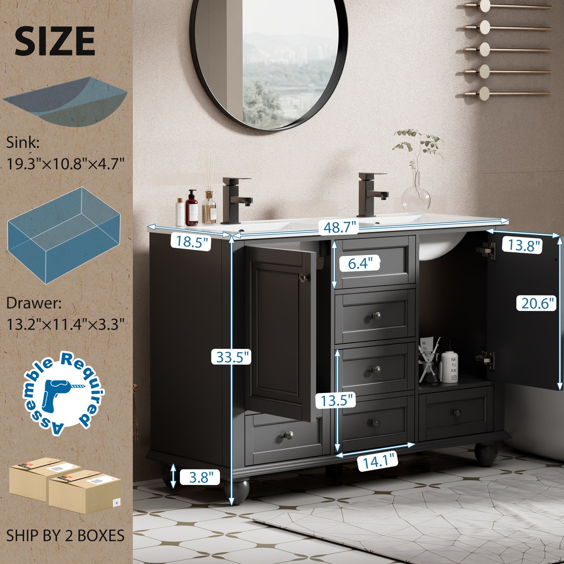 Retro 48" Freestanding Bathroom Vanity Combo with Double Undermount Sinks, French Style