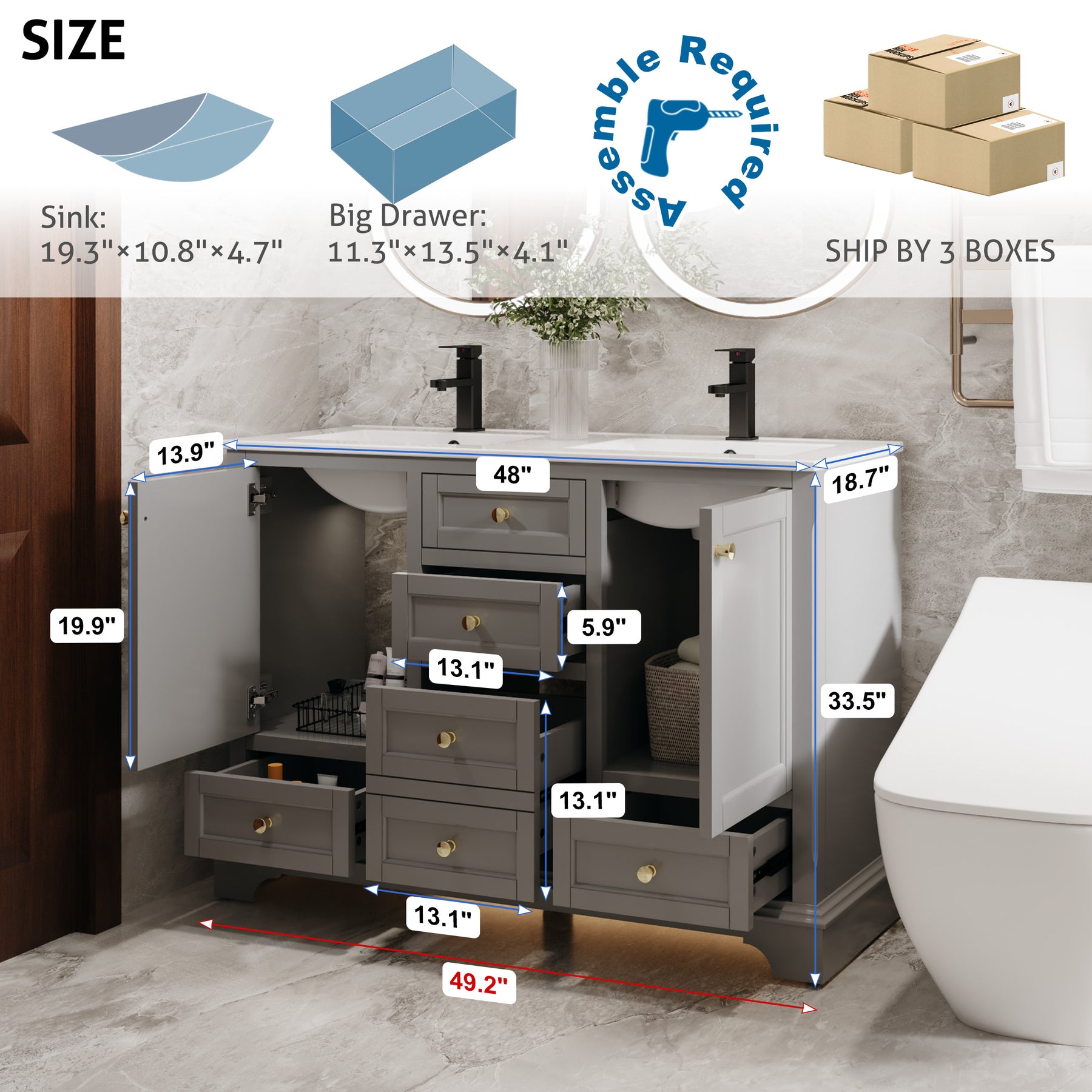 Modern 48" Freestanding Bathroom Vanity Combo with Single Undermount Sink, Arch Style