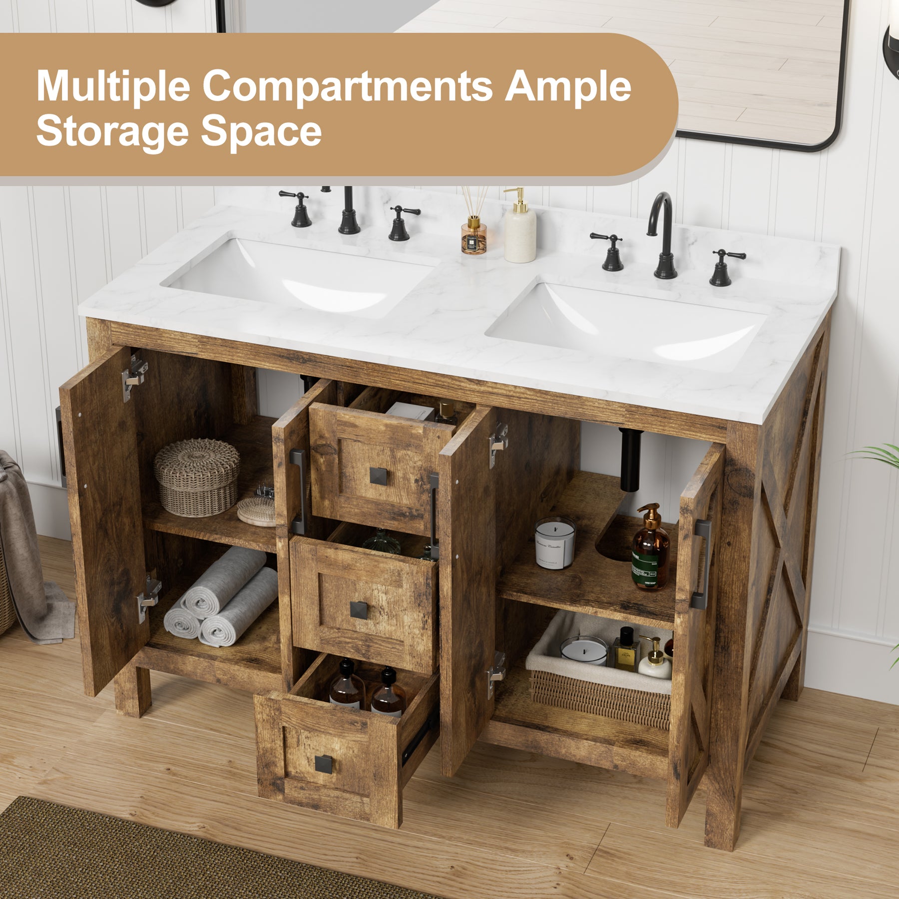 Luxurious 48'' Fully Assembled Bathroom Vanity with Double Undermount Sinks Combo,Forked Door