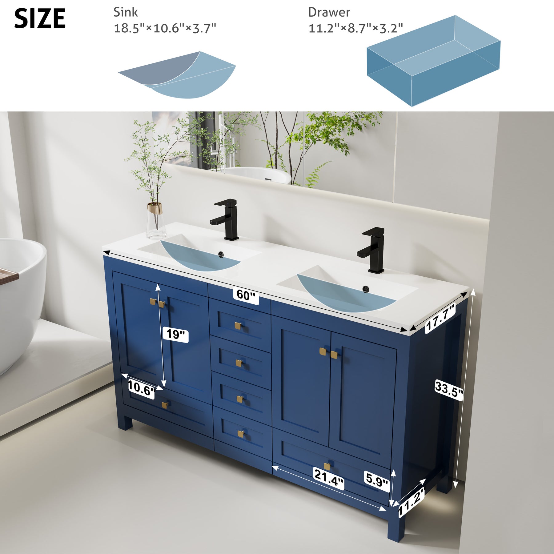 Modern 60" Freestanding Bathroom Vanity Combo with Double Undermount Sinks