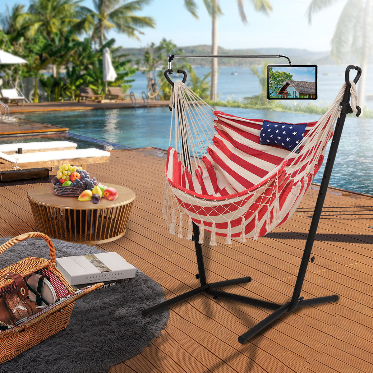 American Flag Hammock Chair with Stand Phone/Pad Holder Included, Adjustable Handmade Swing Chair