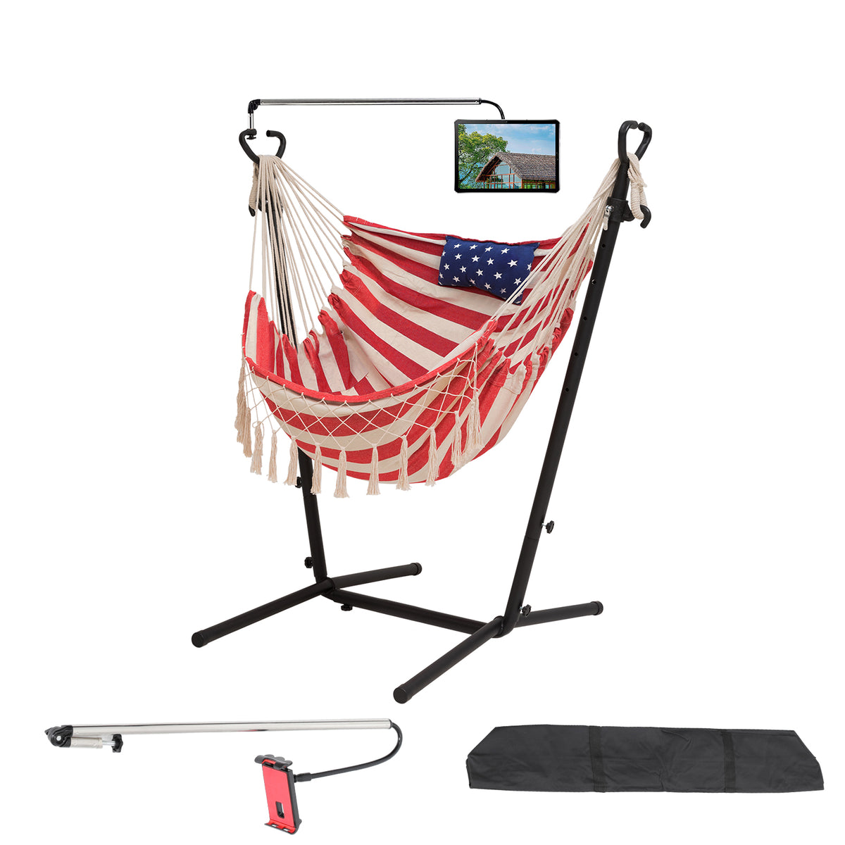 American Flag Hammock Chair with Stand Phone/Pad Holder Included, Adjustable Handmade Swing Chair