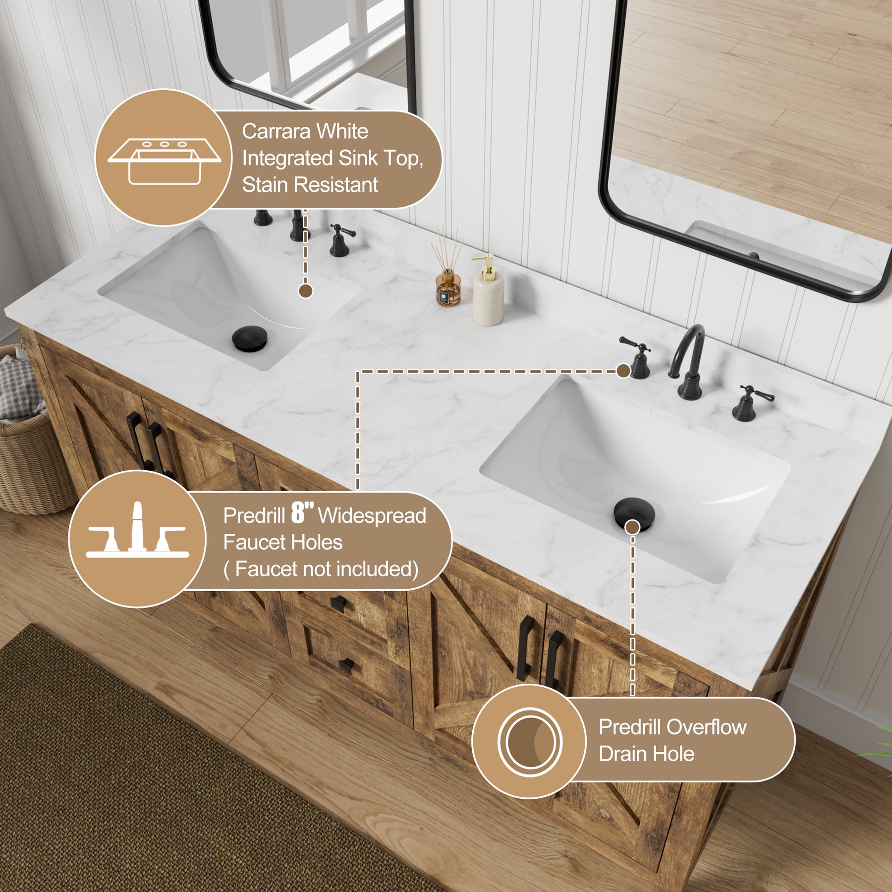 Luxurious 60'' Fully Assembled Bathroom Vanity with Double Undermount Sinks Combo,Forked Door