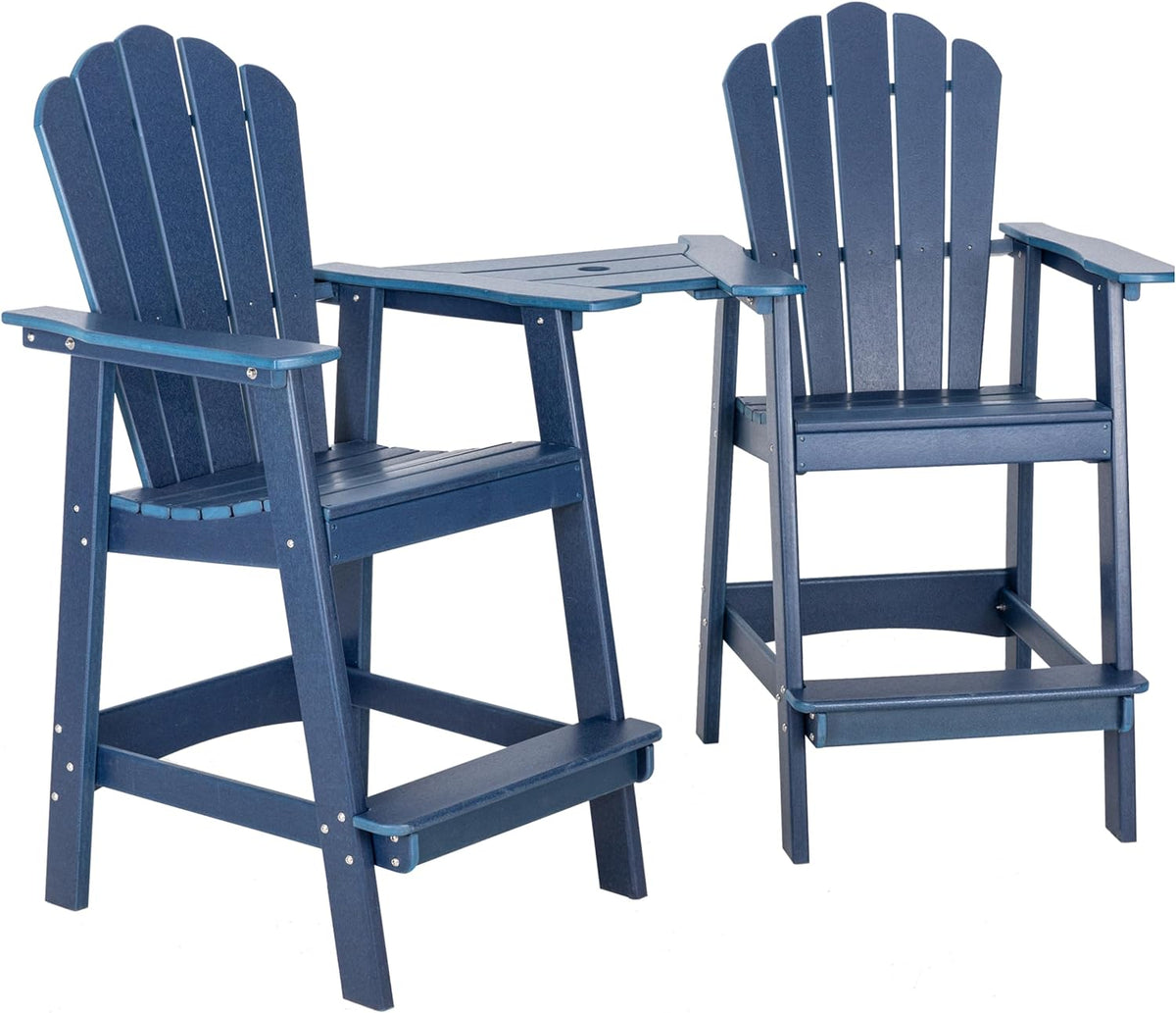 Tall Adirondack Chair Set of 2, HDPE Adirondack Barstools, Double Balcony Chairs with Connecting Tray