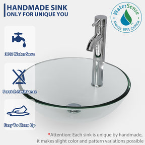 Bathroom Vessel Sink Combo Tempered Glass Bowl & Faucet & Pop Up Drain—Clear Round