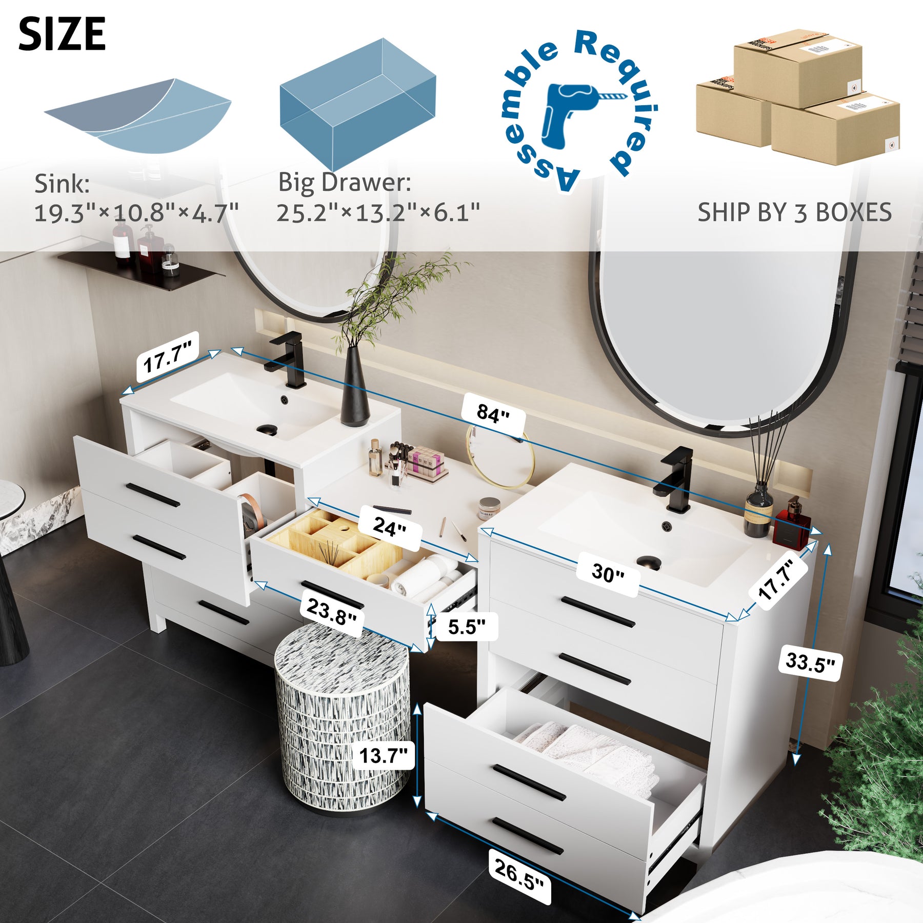 Modern 84" Freestanding Bathroom Vanity Combo with Double Undermount Sinks,Middle Makeup Vanity Desk