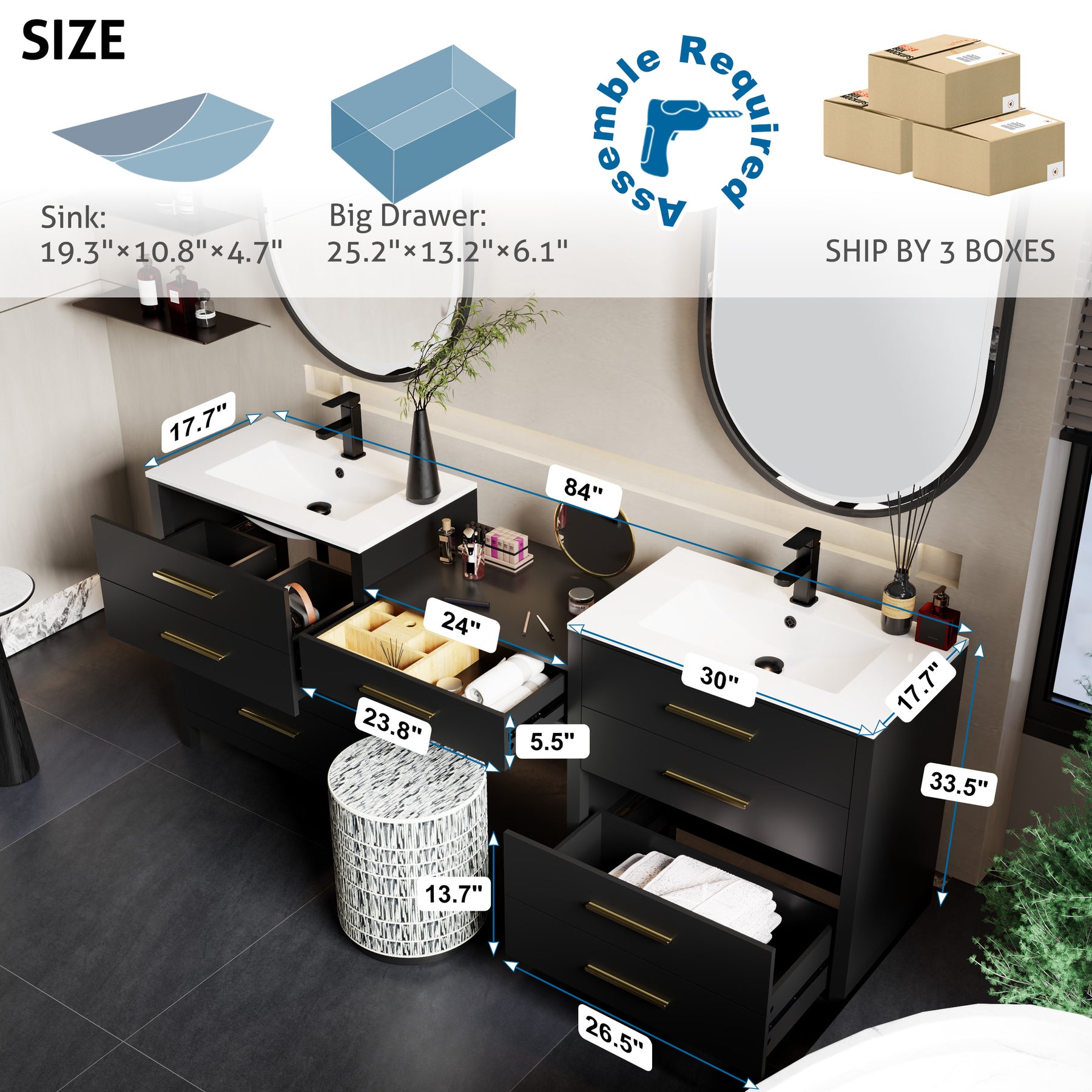 Modern 84" Freestanding Bathroom Vanity Combo with Double Undermount Sinks,Middle Makeup Vanity Desk