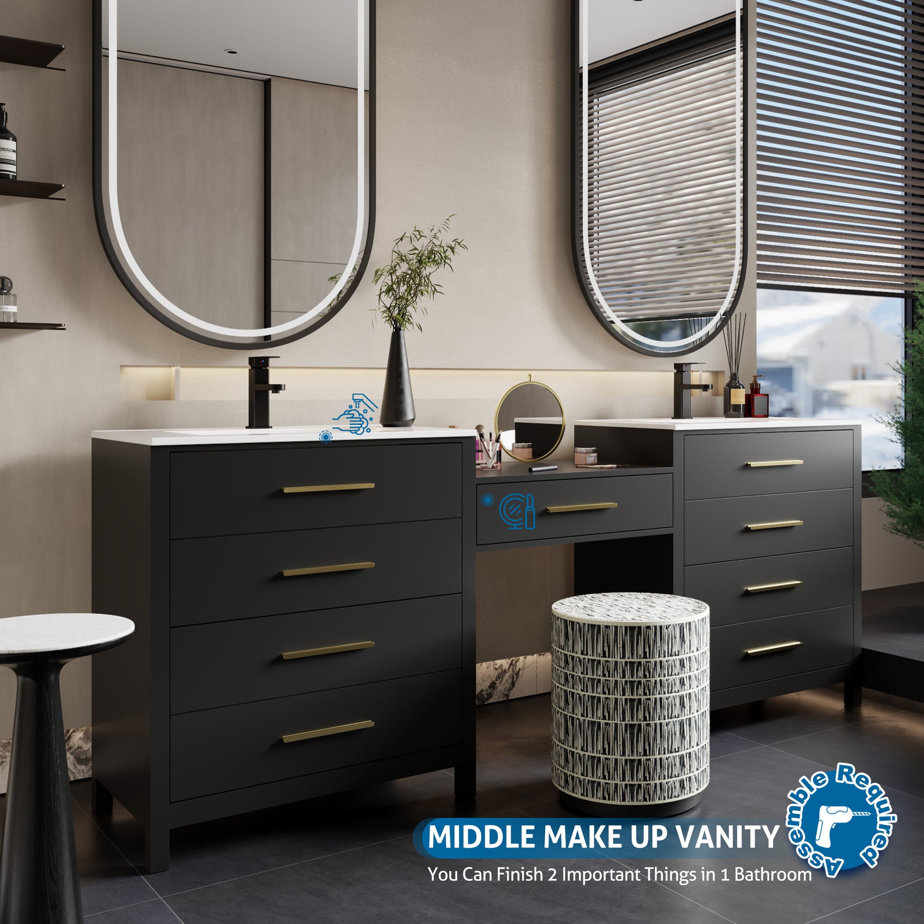 Modern 84" Freestanding Bathroom Vanity Combo with Double Undermount Sinks,Middle Makeup Vanity Desk