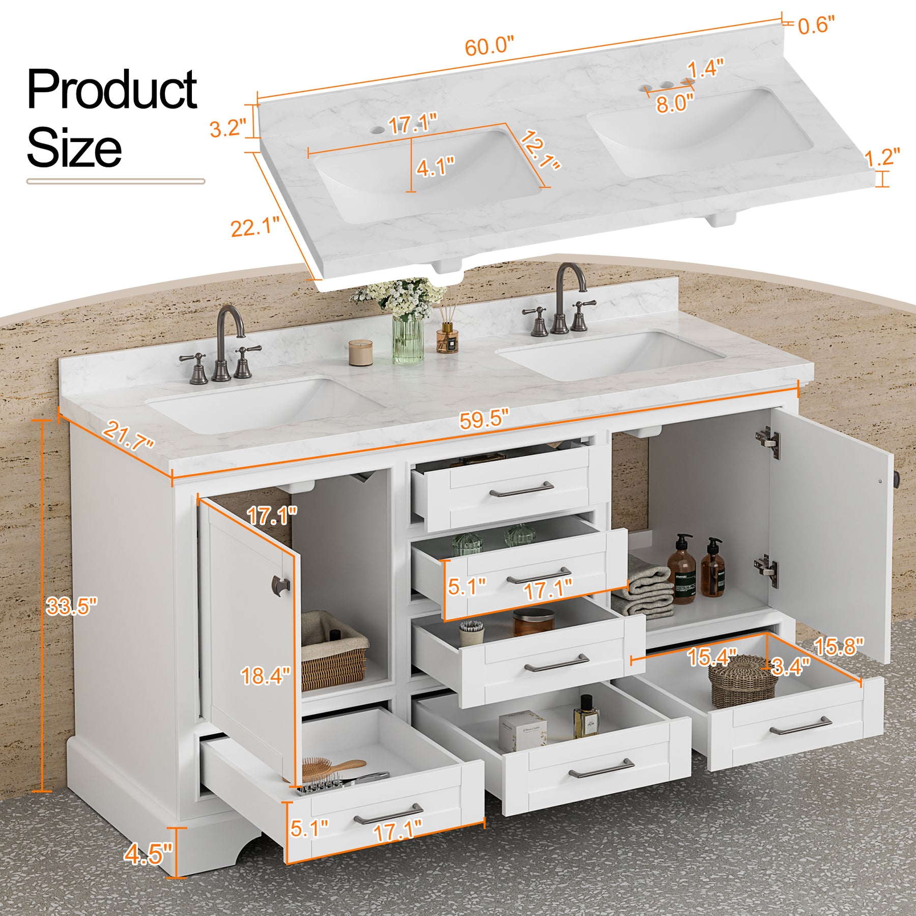 Luxurious  60'' Fully Assembled  Bathroom Vanity with Dual Undermount Sink Combo