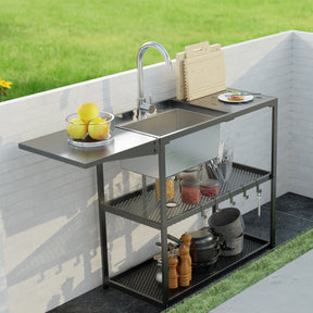 Outdoor 36" Freestanding Outdoor Utility Sink with Stainless Steel Single Bowl, Foldable Countertop and Cold & Hot Water Faucet