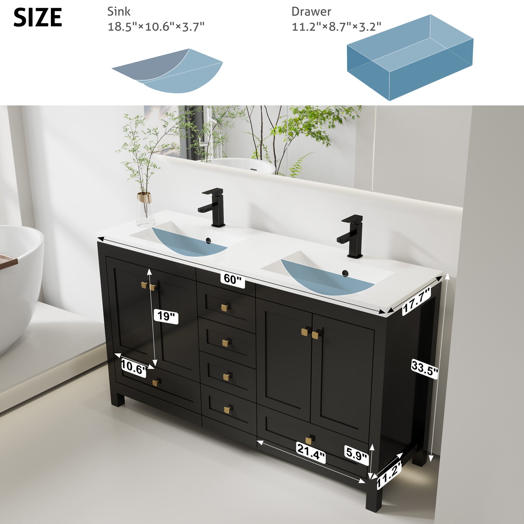 Modern 60" Freestanding Bathroom Vanity Combo with Double Undermount Sinks