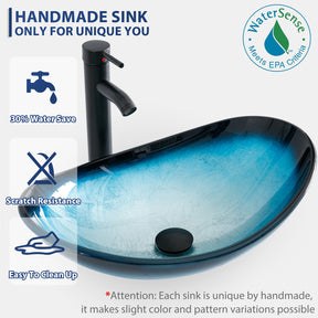 Bathroom Vessel Sink Combo Tempered Glass Bowl & Faucet & Pop Up Drain—Blue Boat