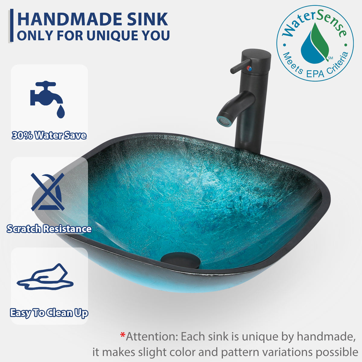 Bathroom Vessel Sink Combo Tempered Glass Bowl & Faucet & Pop Up Drain—Turquoise Square