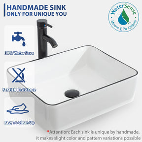 Bathroom Vessel Sink Combo Ceramic Bowl & Faucet & Pop Up Drain - White with Black Decor Line