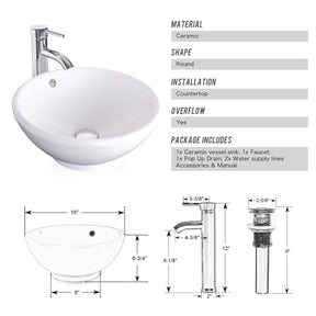 Bathroom Vessel Sink Combo Ceramic Bowl & Faucet & Pop Up Drain—White Round