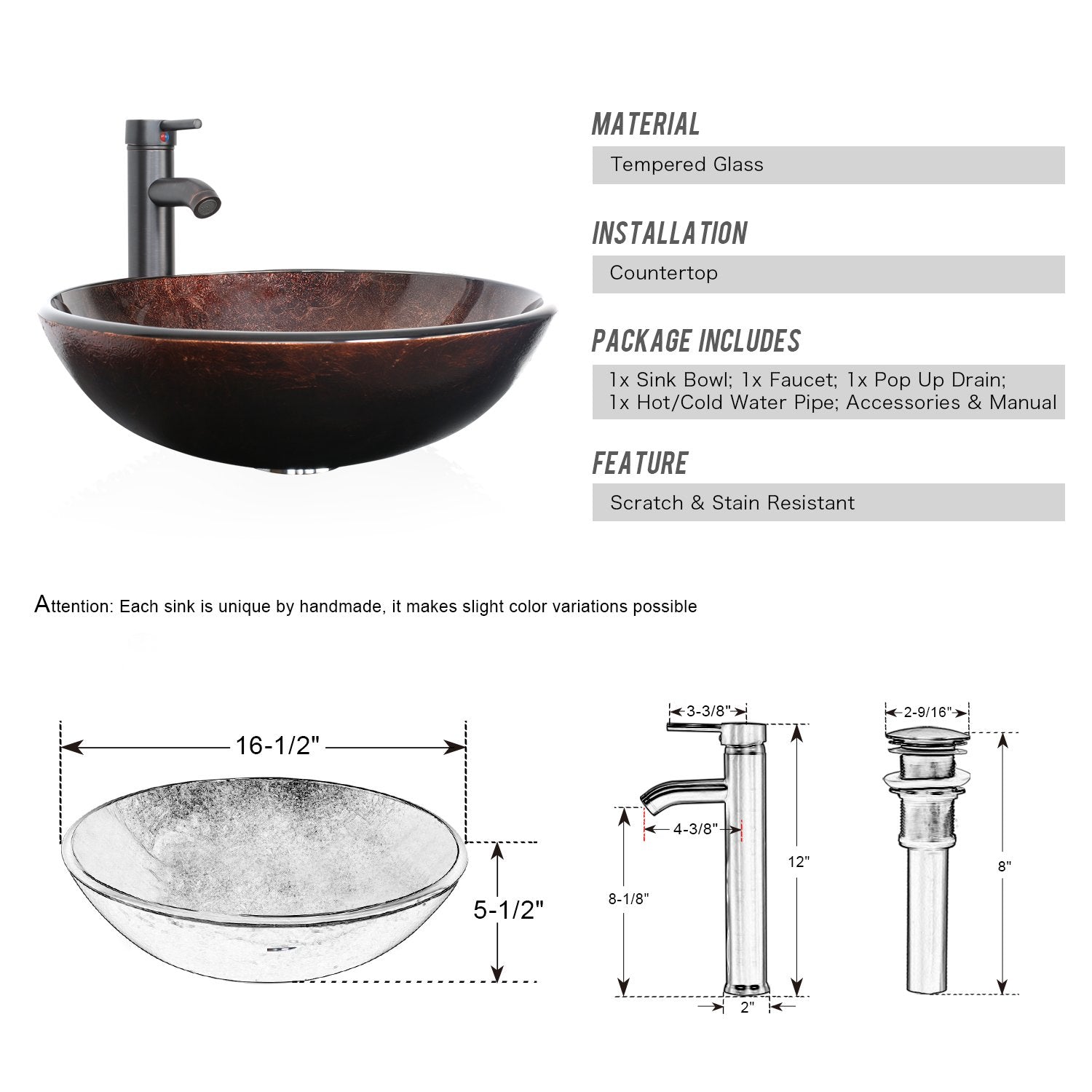 Bathroom Vessel Sink Combo Tempered Glass Bowl & Faucet & Pop Up Drain—Brown Round