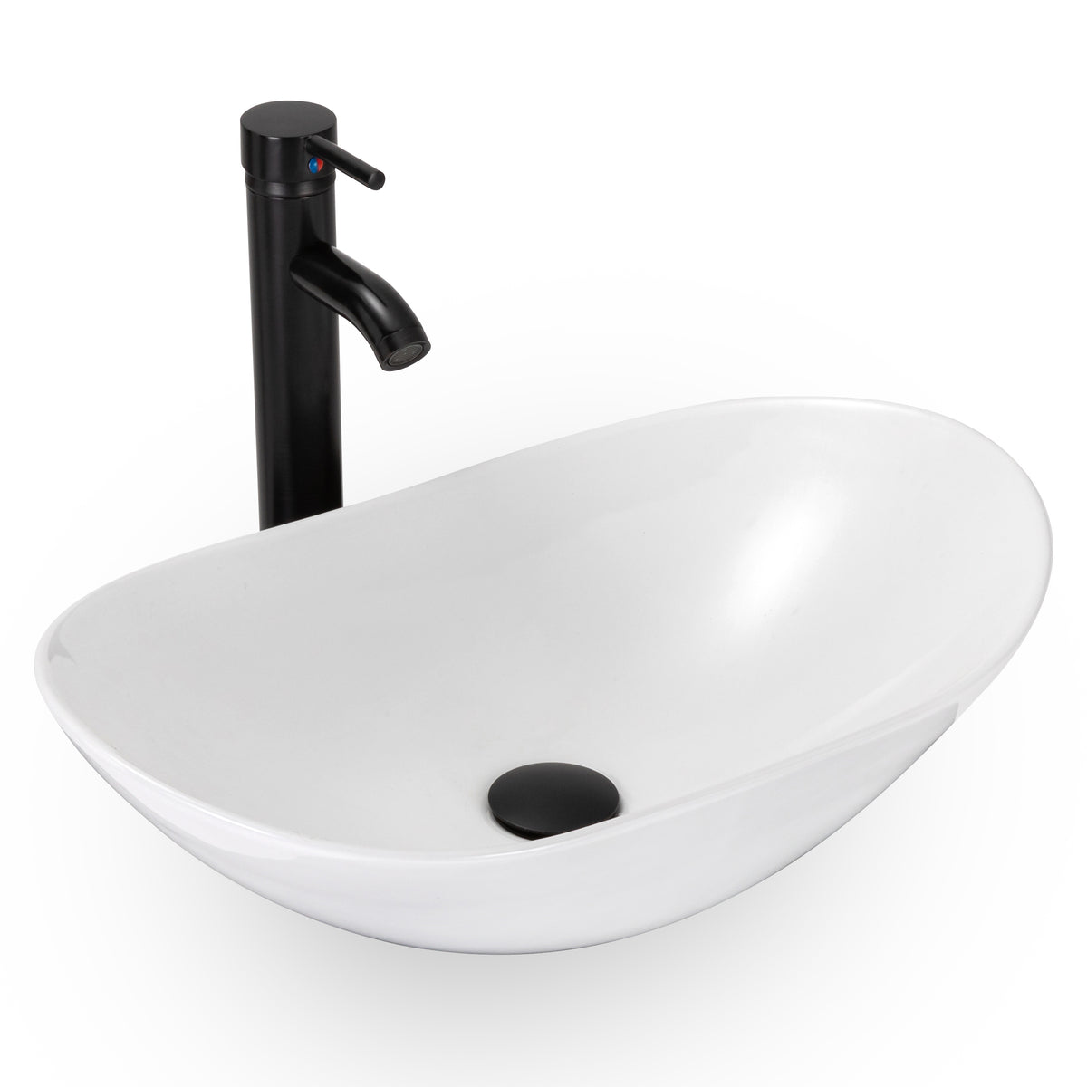 Bathroom Vessel Sink Combo Ceramic Bowl & Faucet & Pop Up Drain - White Boat